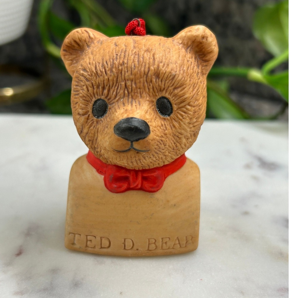 Vintage 1983 Dept 56 Ted D. Bear Ceramic Ornament Bust Red Bow Tie Collectible